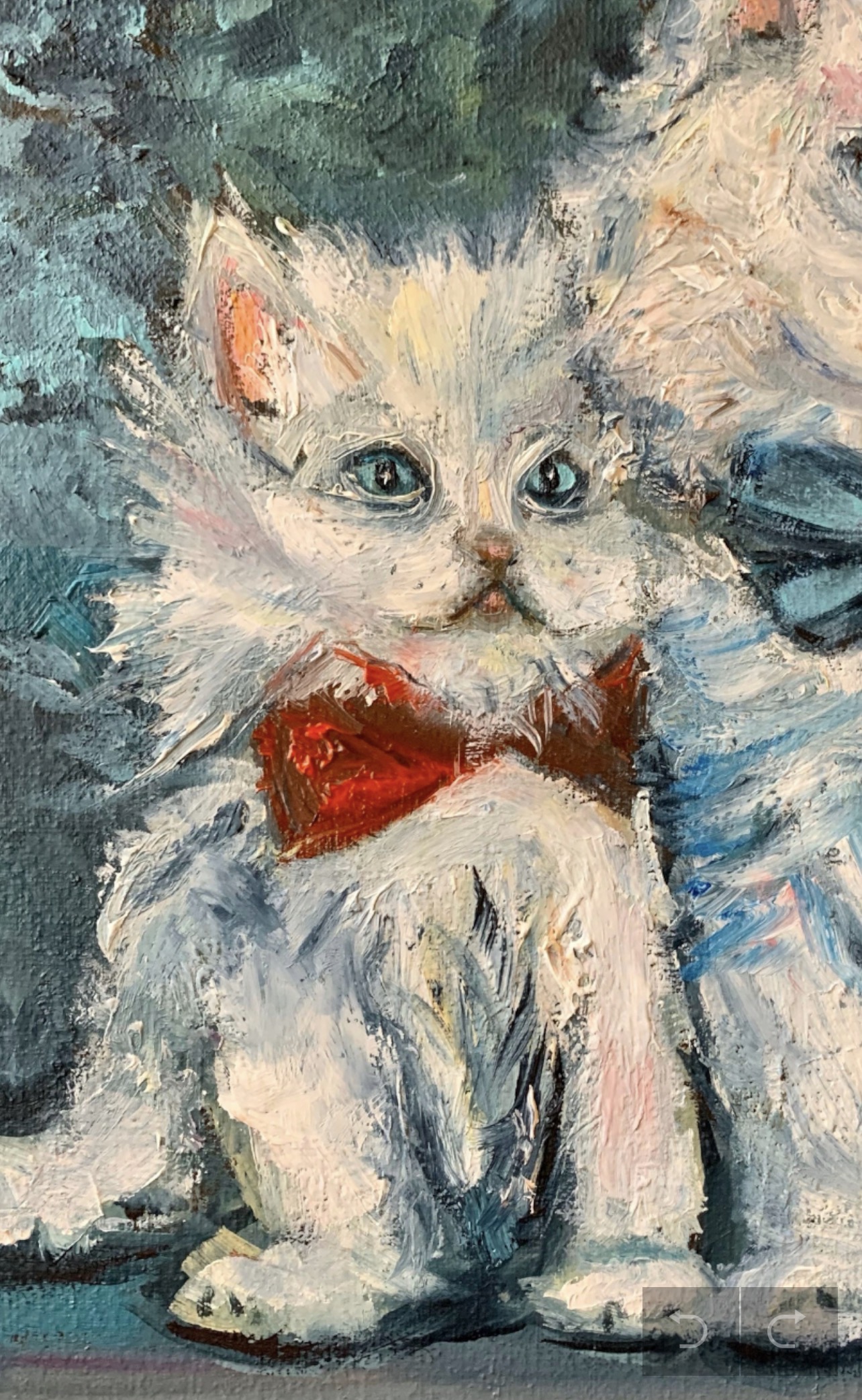 Detail of Kittens in Bow Ties by Marina Stognieva — kitten faces and textured oil brushwork